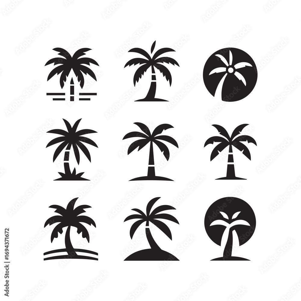Naklejka premium Palm Tree Icon Set – Tropical Vector Illustrations Collection