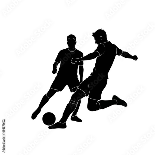 Two soccer players in action silhouette isolated on white background