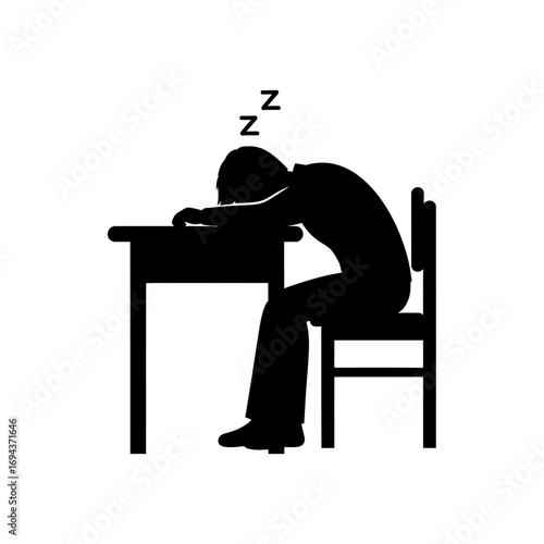 Person sleeping at a desk silhouette isolated on white background