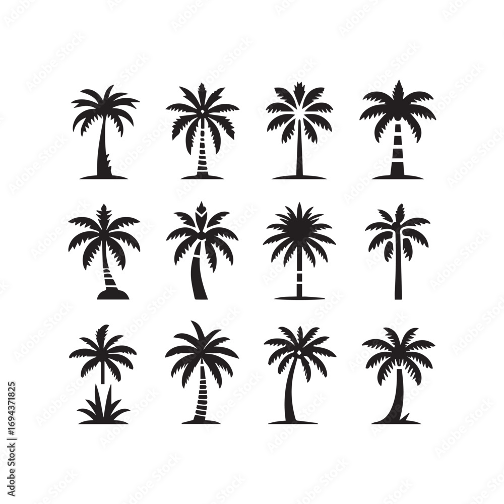 Naklejka premium Palm Tree Icon Set – Tropical Vector Illustrations Collection