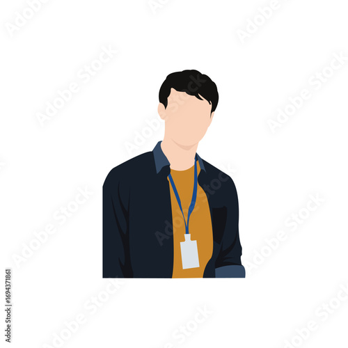 Young man illustration wearing casual outfit with ID card lanyard. Perfect for office worker, student, employee design, modern character vector, and business or education themes.