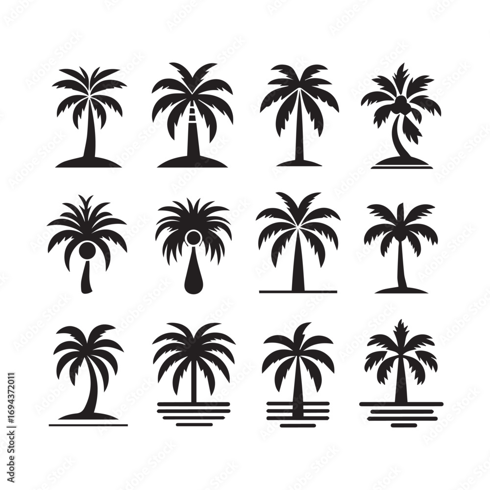 Fototapeta premium Palm Tree Icon Set – Tropical Vector Illustrations Collection