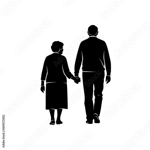Elderly couple holding hands walking silhouette isolated on white background