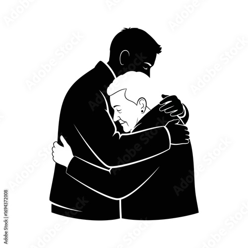 Man hugging elderly woman silhouette isolated on white background