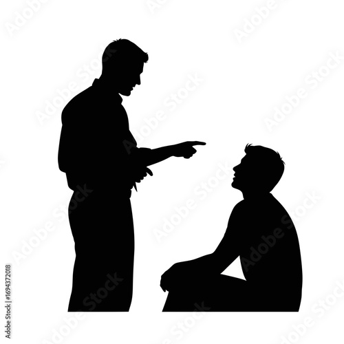 Man pointing finger at another man sitting down silhouette isolated on white background