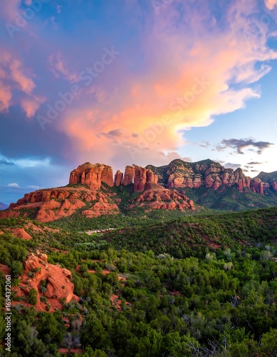 Colorful sunset over red rock mountains