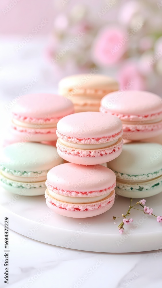 Obraz premium Macaron Francesi Artigianali – Dolci Eleganti su Sfondo Minimal e Marmo