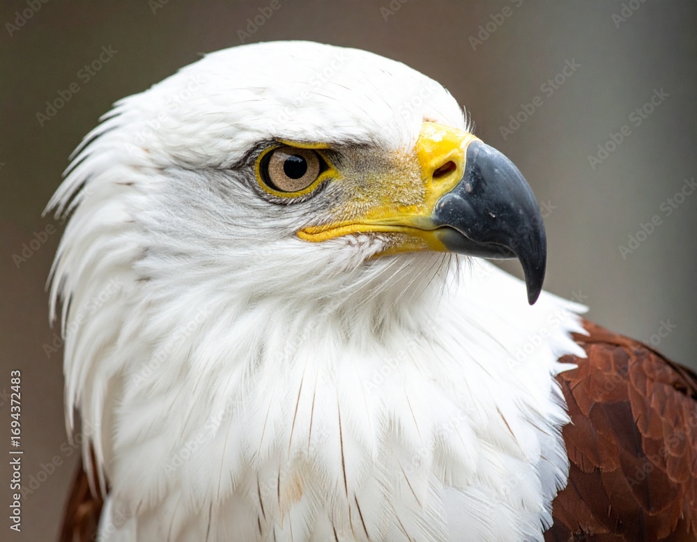 Fototapeta premium Close-up of a majestic eagle head with white feathers and a sharp yellow beak. Powerful and detailed, perfect for wildlife, nature, or bird-themed projects and designs