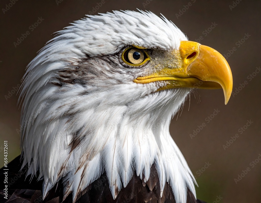 Obraz premium Close-up of a majestic eagle head with white feathers and a sharp yellow beak. Powerful and detailed, perfect for wildlife, nature, or bird-themed projects and designs