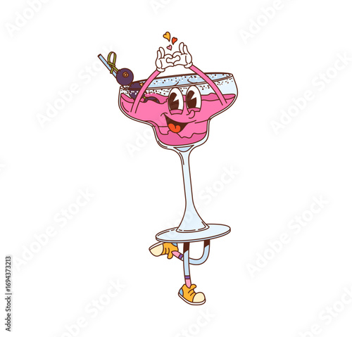 Retro hippie cocktail drink glass groovy character. Party fresh cocktail groovy 60s vector happy character, tropical drink cute personage. Alcohol beverage cheerful mascot with blackberries and straw
