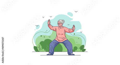 Senior Woman Practicing Tai Chi Chuan in a Park Vector Illustration