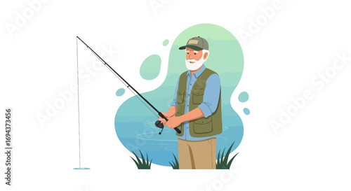 Happy Senior Fisherman Enjoying a Peaceful Day Fishing