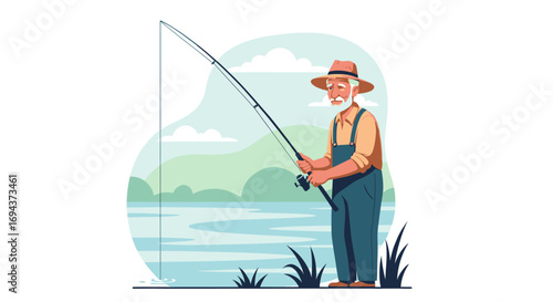 Happy senior man fishing on a lake vector illustration