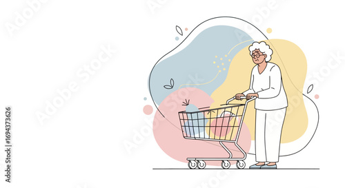 Senior Woman Grocery Shopping Line Art Illustration
