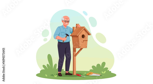 Senior Man Building Birdhouse Gardening Retirement DIY Home Improvement