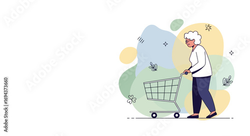 Senior woman grocery shopping pushing an empty shopping cart Vector illustration