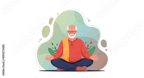Senior Man Meditating Peaceful Yoga and Mindfulness Illustration