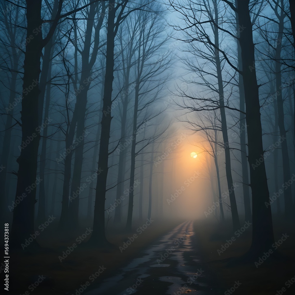 Obraz premium Mysterious Orange Light Fading into Foggy Forest Road with Wet Tree Silhouettes