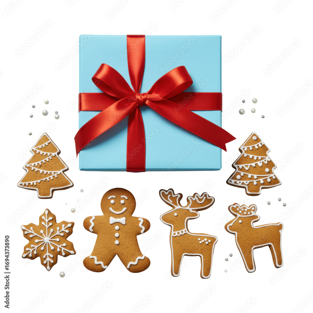 Fototapeta premium A perfectly wrapped light blue gift box with a red satin bow, surrounded by gingerbread cookies (man, tree, reindeer, snowflake) & edible silver pearls on a transparent background, top-down view.