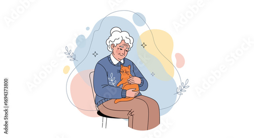 Happy Senior Woman Holding an Orange Cat Cozy Illustration