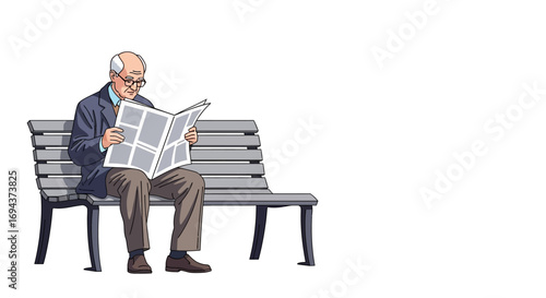 Senior Man Reading Newspaper on Park Bench Vector Illustration
