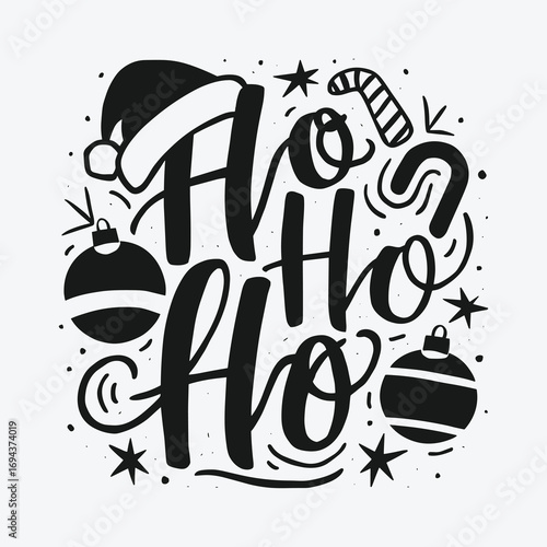 ‘Ho Ho Ho’ Hand Lettered Christmas Typography with Santa Hat, Ornaments, Candy Cane, and Festive Holiday Elements