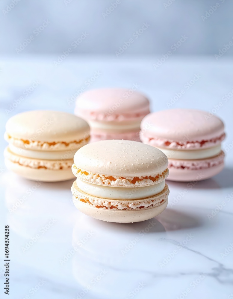 Fototapeta premium Macaron Francesi Artigianali – Dolci Eleganti su Sfondo Minimal e Marmo