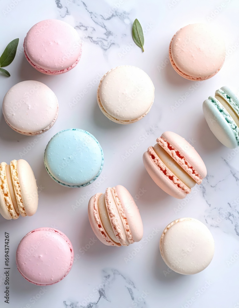Obraz premium Macaron Francesi Artigianali – Dolci Eleganti su Sfondo Minimal e Marmo