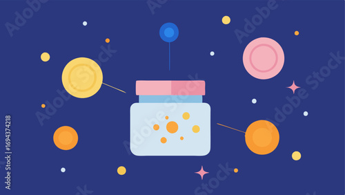 Exosome Molecules Small illustrations of exosome molecules with sparkles floating around a cream jar to depict their active role in skin brightening.