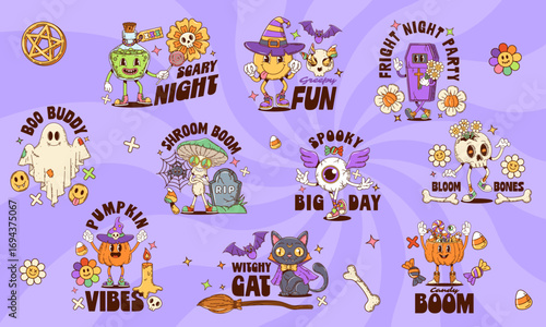 Halloween characters Y2K groovy stickers for horror night holiday, vector cartoon monsters. Groovy Halloween stickers, funny spooky boo ghost or freaky coffin and tombstone with witch cat and skull