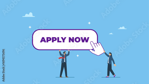 Businessman holding apply now button and businesswoman with mouse pointer to click. Apply new job online, career opportunity or employment vacancy, job application or opening position.