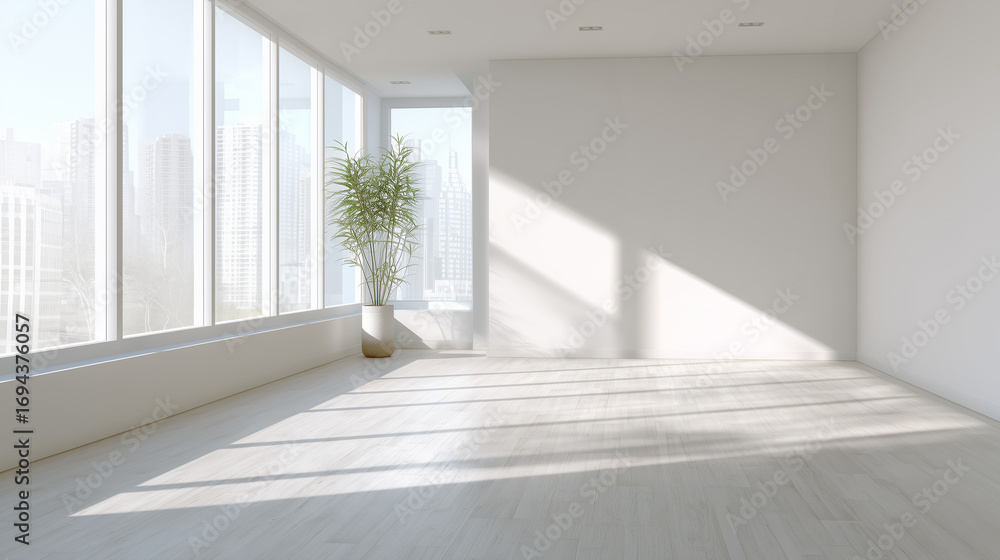 Fototapeta premium An empty white room flooded with natural light, providing ample copy space, ideal for interior design, product mockups, or minimalist concepts.