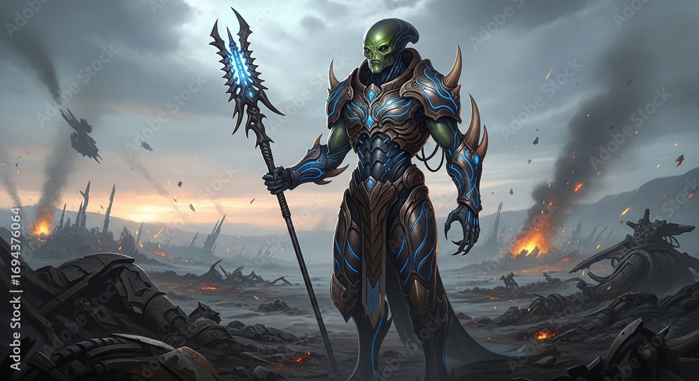 Naklejka premium Alien General with Biomechanical Armor in Battlefield