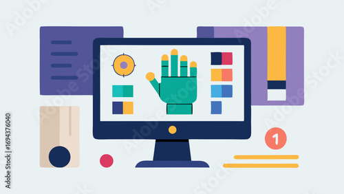 Digital Design Software An illustration of a computer screen displaying a detailed 3D model of a prosthetic hand with design tools and color palettes surrounding it.