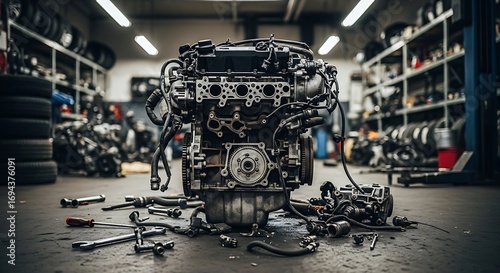 Car engine repair shop floor.