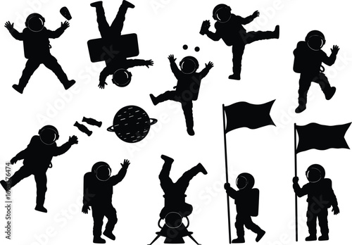 Astronaut Silhouettes Floating in Space Performing Activities with Flags, Planets, and Objects in Zero Gravity for Vector IllustrationPrint
