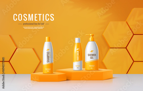 3d orange podium stage with cosmetic bottles and packages on vector honeycomb platforms. Realistic cosmetic products display stand, podium stage or scene with shampoo, balm and shower gel bottles