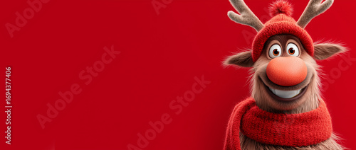 Close-up, portrait of a cute smiling cartoon character of reindeer wearing a Santa Claus costume and red wool scarf while looking at camera against a red background with copy space. Generative Ai.
