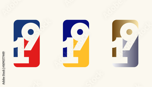 Collection of Card Design Number Anniversary 19th, 19th Happy Anniversary with Rectangle or Square shape in multiple colour variation.