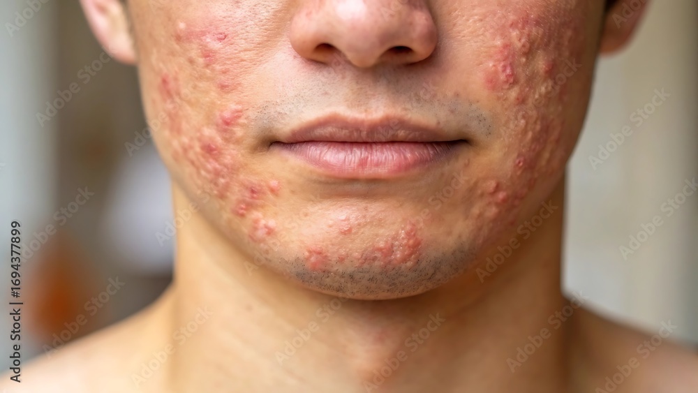 Obraz premium Inflamed skin texture with red bumps acne inflammation