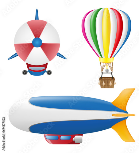 obsolete old retro aircraft airship zeppelin and hot air balloon cartoon stock vector illustration isolated on white background