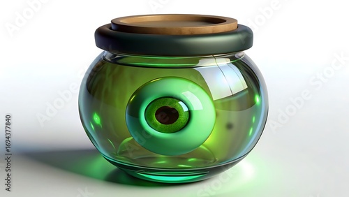 Canvas Print Creepy green eyeball floating in a glass jar with a wooden lid spooky halloween