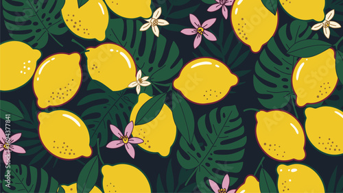 Vibrant Tropical Lemon and Monstera Leaf Seamless Pattern with Blossoms on Dark Background