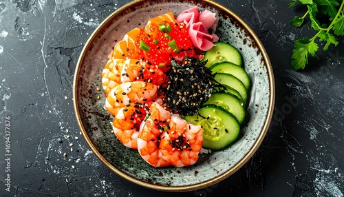 Colorful sushi bowl with rice, fish, and vegetables