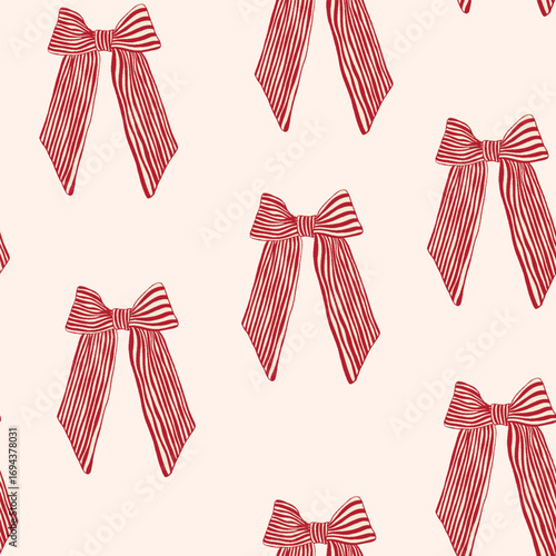 Crayon bow seamless pattern. Christmas vintage ribbon background. Holiday chalk cute present design. Colorful doodle hand drawn vector coquette background.