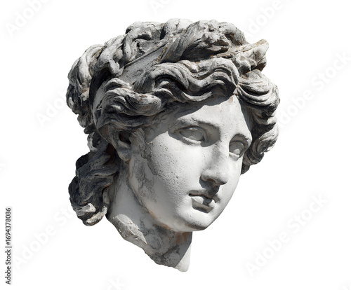 white antique greek statue head, greek goddess, transparent background, png element, png file.