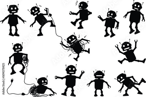 Funny Robot Silhouettes Performing Actions with Wires, Tools, and Expressions in Black Vector Set for Technology and Cartoon Design