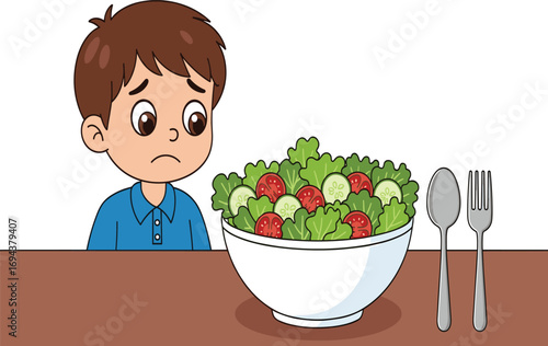 Sad child sitting at table, disappointed expression, healthy salad bowl, vegetables, nutrition struggle, picky eater, cartoon illustration, blue shirt, indoor