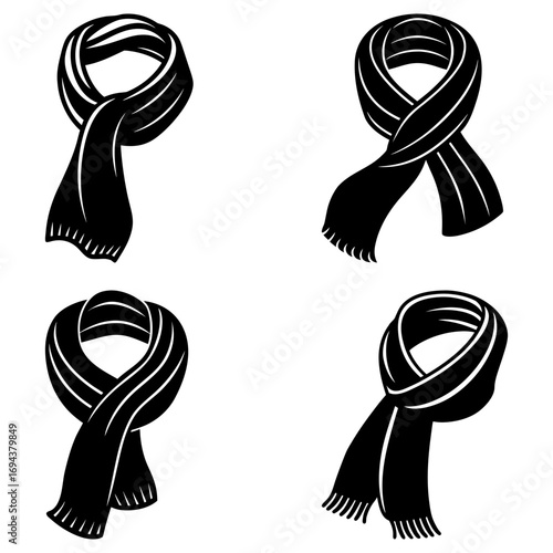 Illustration of four different styles of black and white scarves tied in various fashionable ways shown
