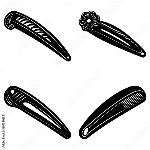 Four black and white hair clips with different designs isolated on a white background in a simple illustration